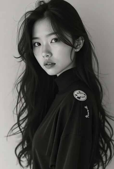 Black and white photograph of an 18-year-old woman with long black hair and a circle on her side with Korean features and who wears black clothes