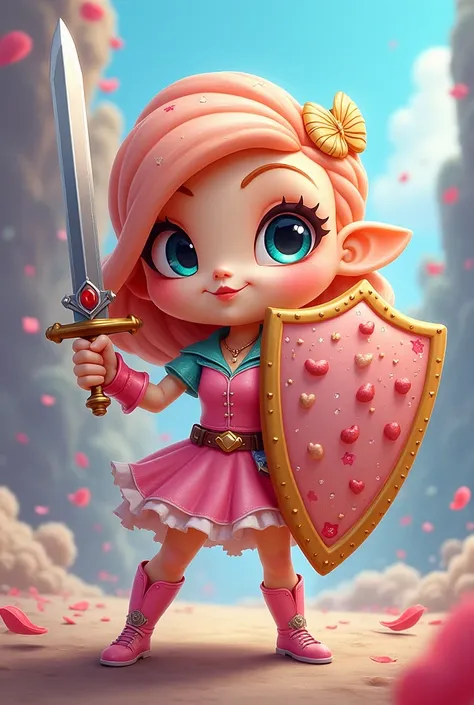 cartoon poptart ready for fight and looks feminine with a Sword in hand and a shield in another hand