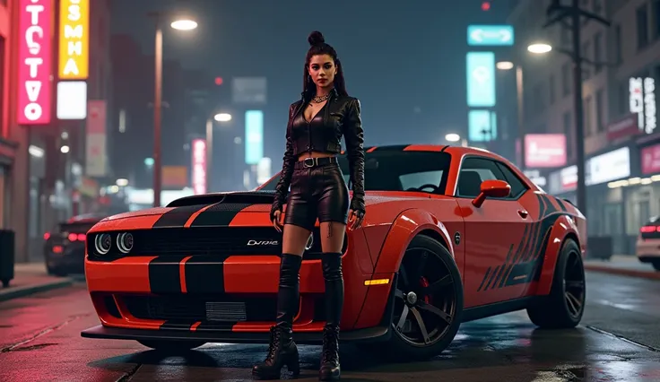 Make a girl against a dodge demon background in the style of the grand theft auto 5 game