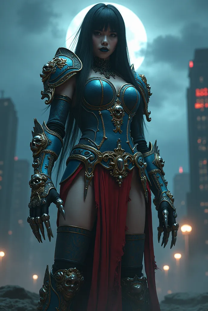  high resolution,  ultra detailed , A tall woman , ( long straight black hair :1.2), ( electric blue knee pads with gold details with a skull in the center :1.2), ( electric blue shin guards with gold details with gold details with a skull in the center :1...