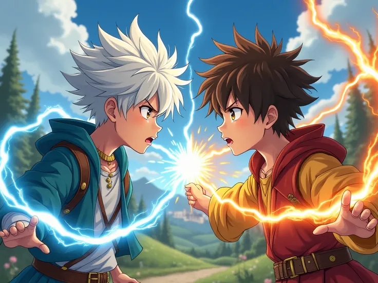 Two boys with white hair with flame power and brown hair with lightning power training medieval anime style fights 