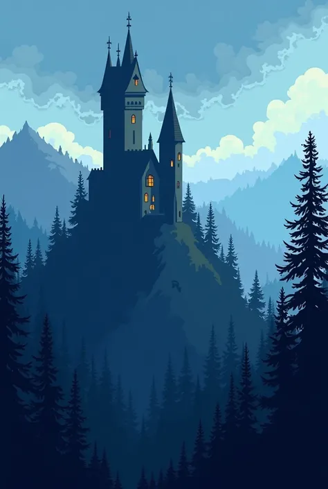 Draw a pixel castle,  standing on a hill, around which there is a forest and tall trees.  All this in dark blue: trees, sky, castle , and only the shades of dark blue are different, there is no green shade in the picture 