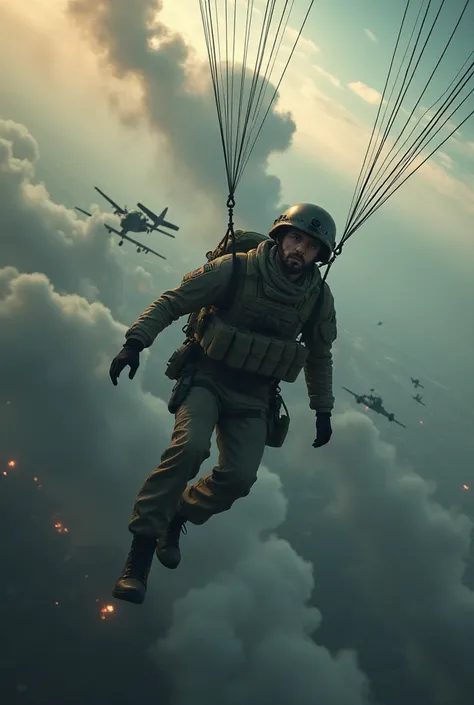 Soldier goes parachuting in the back shows airplanes and a lot of smoke