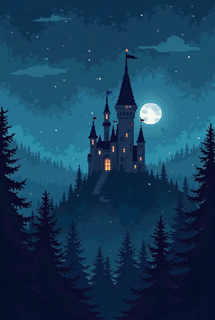 Draw a pixel castle,  standing on a hill at night, around which there is a forest and tall trees.  All this in dark blue color: trees, sky, castle. only the shades of dark blue are different, there is no green shade in the picture.