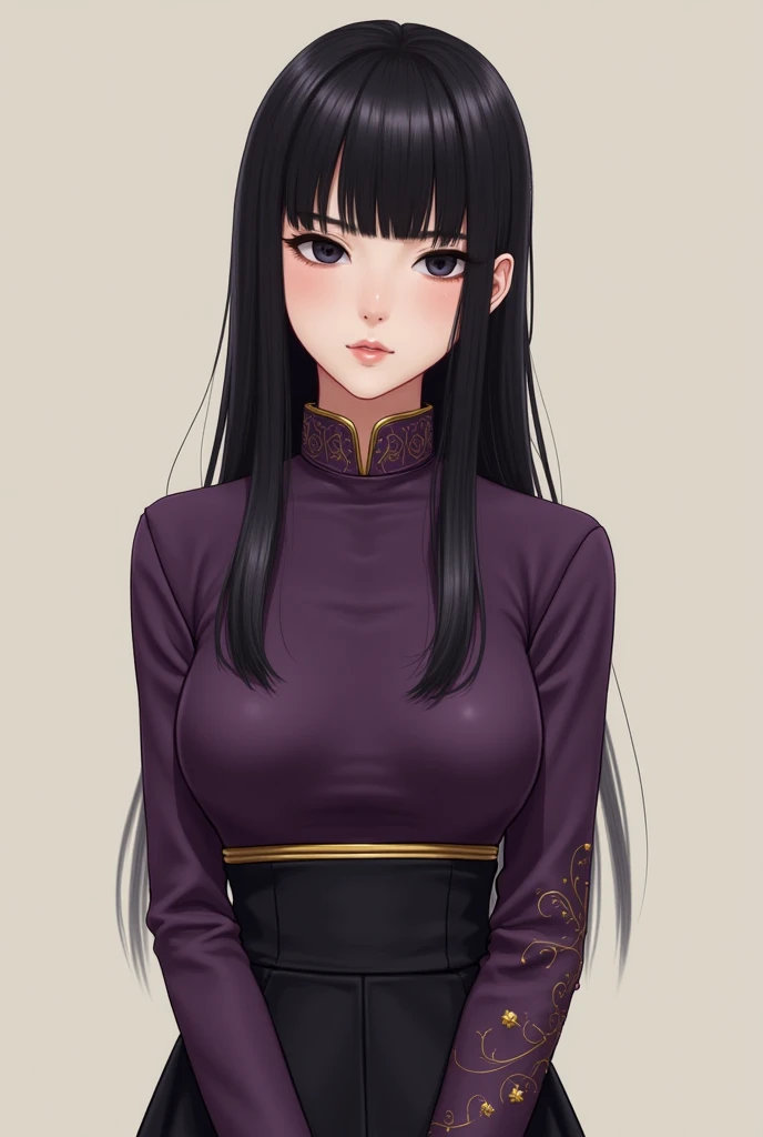 A thin girl, with small breasts, straight hair that mediates to the beginning of the waist in a deep purple color , with a navel-length top with long sleeves that I have on the edges of my collar in gold and the sides of my sleeve in gold,with a medium ski...