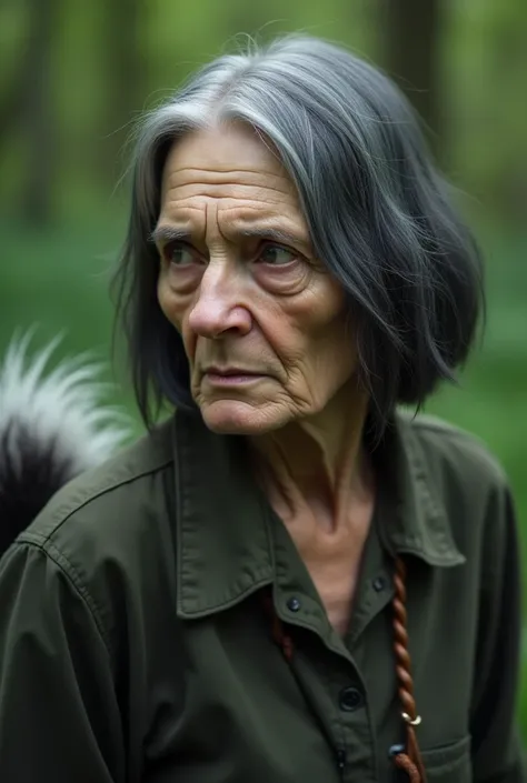 Old woman, pale and wrinkled, She has shoulder-length hair that is smooth and flat and gray with black locks., She has an embittered expression, she comes from farting, everything is green behind her, she has a skunk's tail that sticks out. 