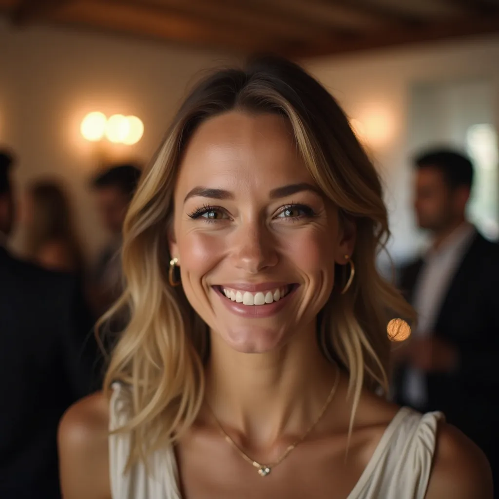  Close-up of a woman's face with a confident smile and a captivating look. In the background,  a blurry room with surrounding people ,  suggesting a social environment .  The image should convey warmth , magnetism and presence .  in the upper right corner,...