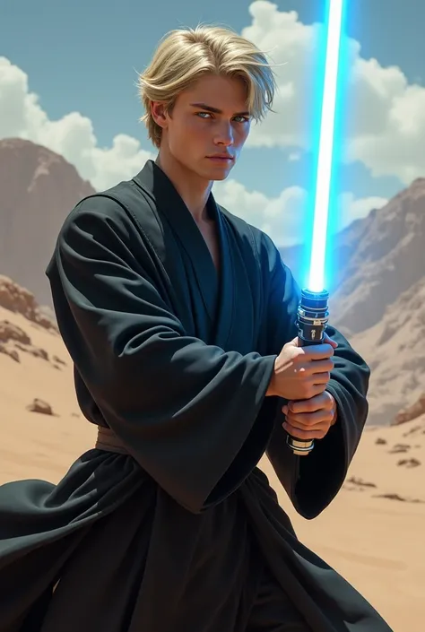 A 20-year-old blond boy, Dark-haired and green-eyed, with a blue laser sword, Do you wear a black Jedi outfit