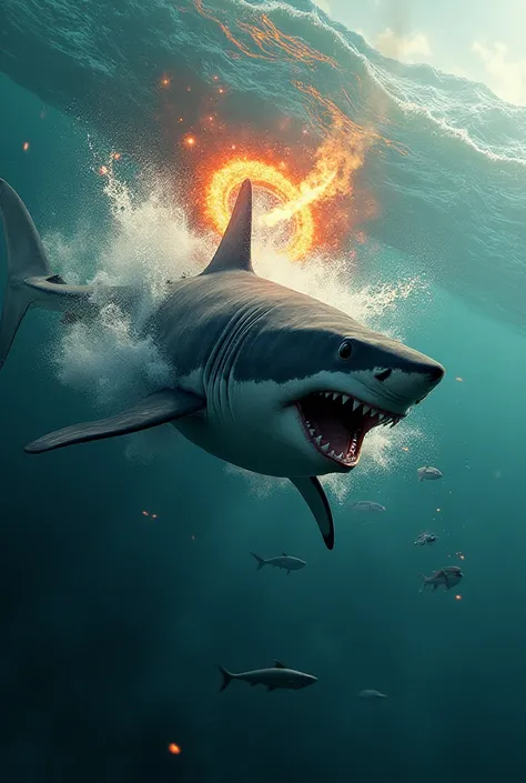 Shark in the sea with a burning ball hitting a hoop