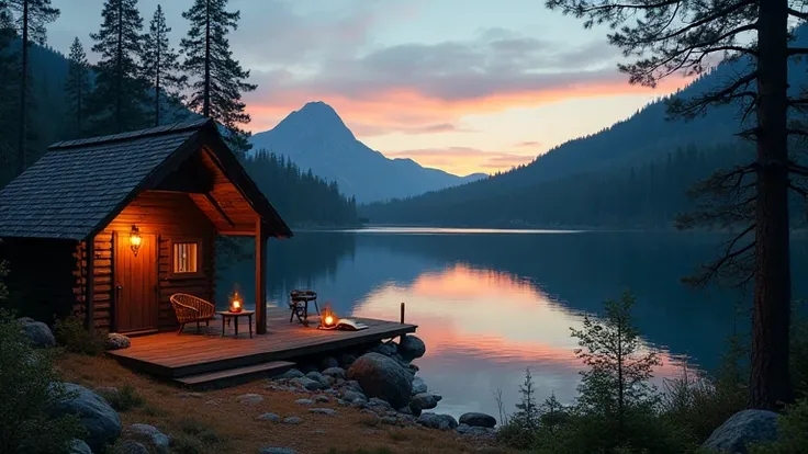 the landscape of a secluded mountain valley, a cozy lake framed by a coniferous forest, fantasy, coolness, a cozy one-story hut with a cozy porch on which there is a small table and a wicker chair, an open bottle of whiskey on the stoic, a kerosene lamp an...