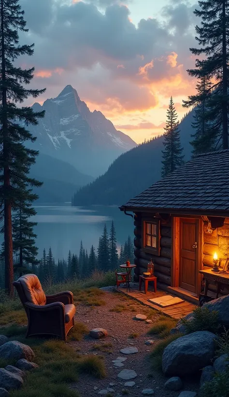 the landscape of a secluded mountain valley, a cozy lake framed by a coniferous forest, fantasy, coolness, a cozy one-story hut with a cozy porch on which there is a small table and a wicker chair, an open bottle of whiskey on the stoic, a kerosene lamp an...