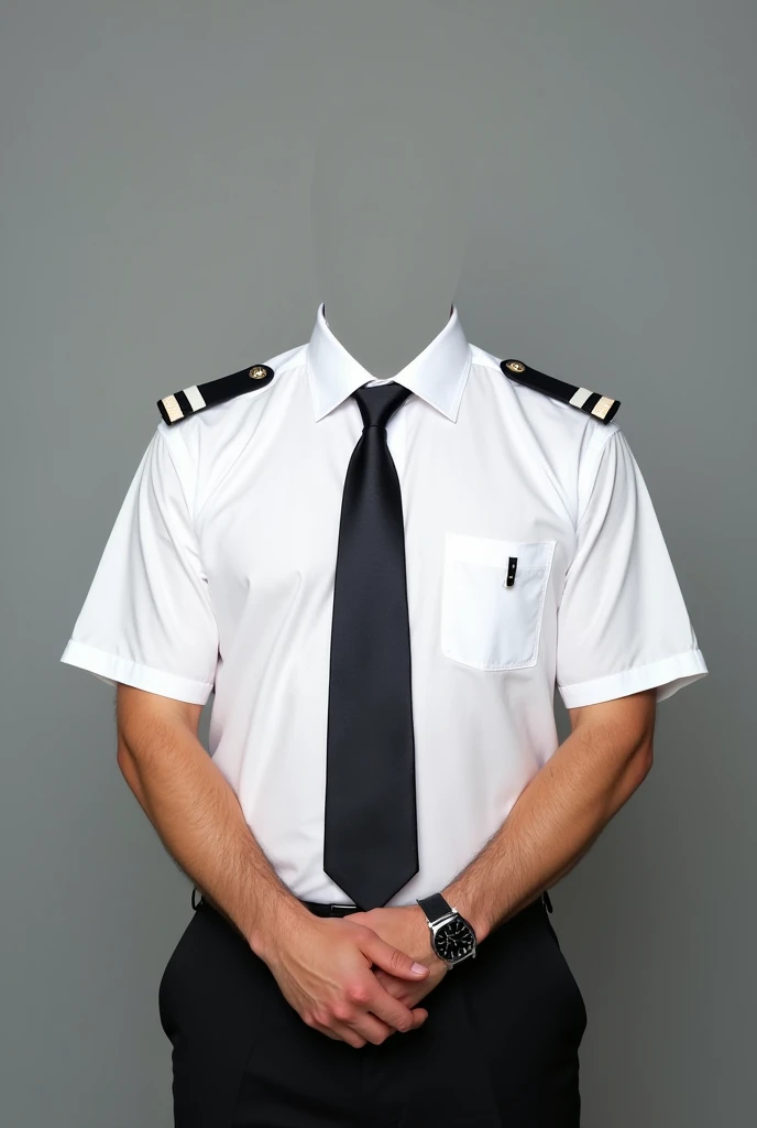 A businessman is wearing a white short-sleeved shirt with shoulder epaulets featuring two stripes, a dark tie, and a name tag on the left chest pocket. The individual has their hands clasped together in front of them and is wearing a wristwatch on their le...