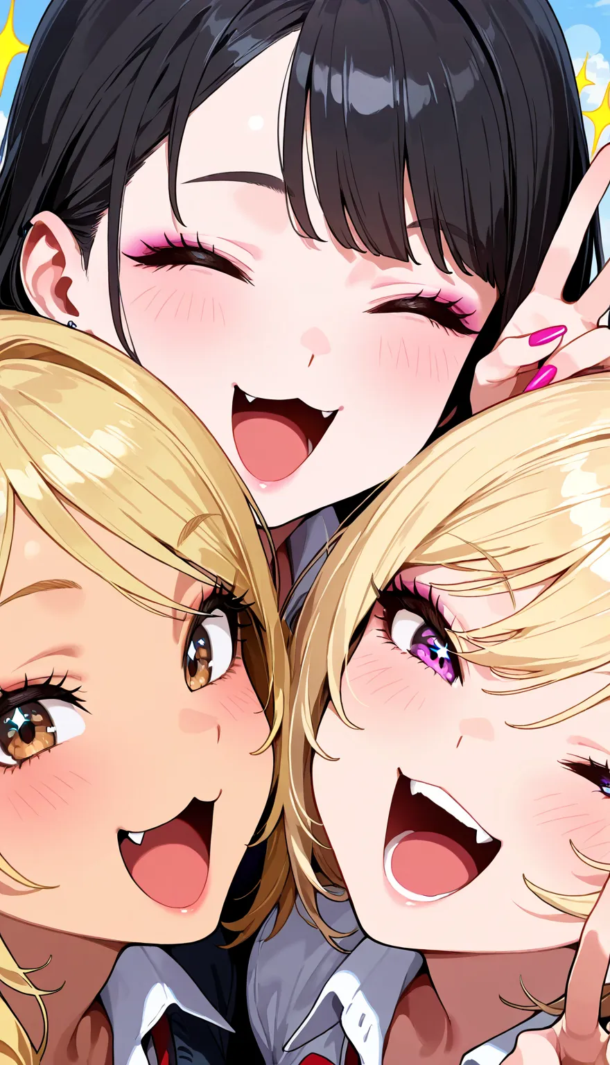 sfw, gyaru, 3 women, black hair, breast, v, face close_up, happy, laughing, :3, sparkle,