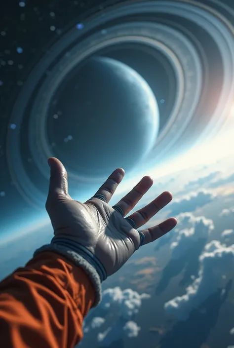 4k pov image,  point of view , Are you an astronaut on an exoplanet,  rings looking up at the sky and seeing the rings of an exoplanet like Saturn,  the rings cover most of the sky and are several, Like those of Saturn , lush, focusing on your right hand ,...