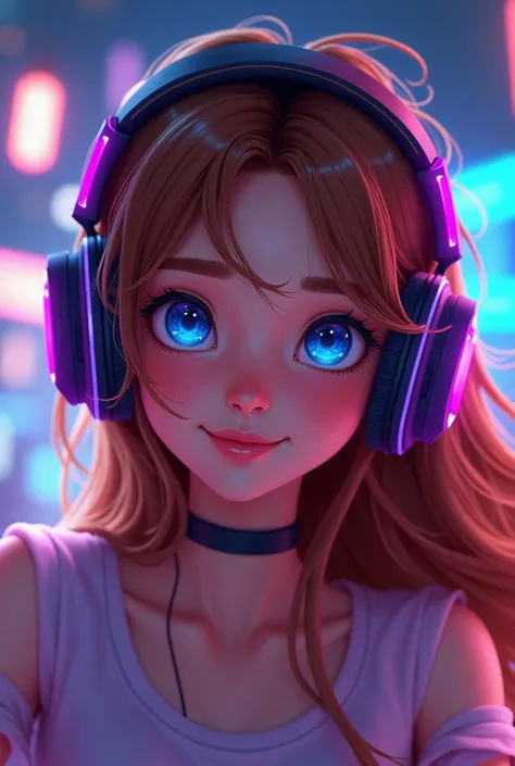 Femme animée cheveux châtain yeux bleu avec casque gaming violet 