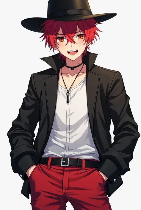 male, short hair, red hair, big black fedora hat, black open jacket jeans on top, white shirt on bottom, black eyes, smile, no neckless, red pants,  anime