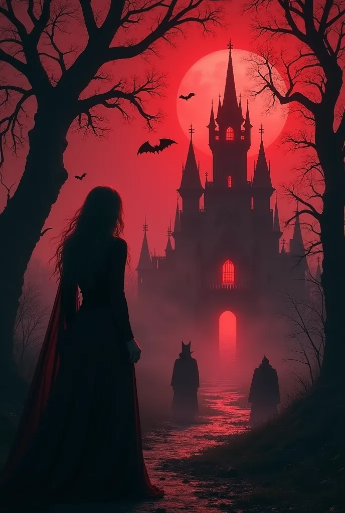 From a side angle, a Lady stands facing the eerie scene, gazing towards the right, where a mysterious castle rises amidst a dense, foreboding forest. The castle looms through the dark mist, its glowing red lights casting an ominous aura, while sharp fangs ...