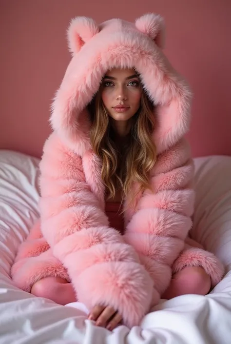 arafed woman in a pink fur coat sitting on a bed, pink fur, pink fox, coat for a rave with fur, pink fluffy fur, covered in soft fur, hooded fur coat, fluffy fluffy fur, wearing a luxury fur coat, fur attire, with soft pink colors, pink girl, fluffy fur, f...