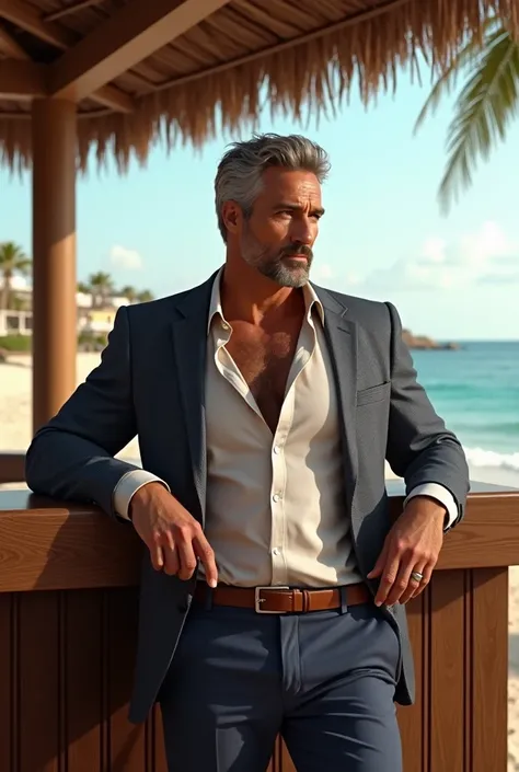 A middle-aged man wearing a sporty suit with an open shirt and leaning at a bar on the beach.