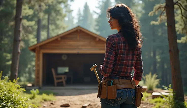 dark haired woman in plaid shirt and jeans wearing a tool belt, holding a hammer, looking at the car garage being built in the woods.
