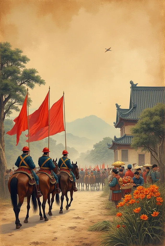 Ancient Vietnamese scroll painting: Tây Sơn soldiers marching into Gia Định, villagers offering rice and fruits, traditional architecture in background, muted earth tones with vermillion accents on flags