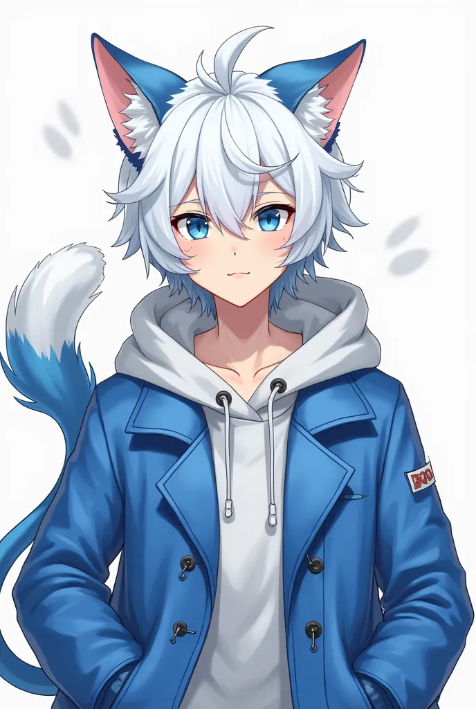 Personagen white hair blue coat blue eye white cat tail half blue wearing hoodie drawn male cat ear