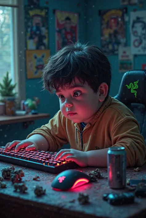 Young overweight boy with razer peripherals