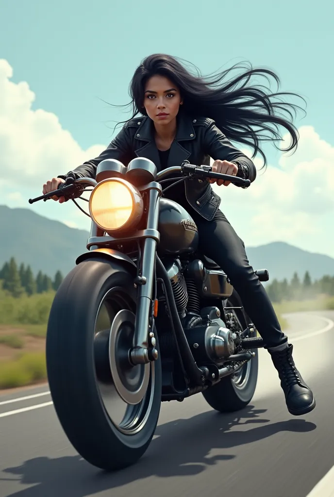 Create an image of a black-haired girl on a moving motorcycle, Let the complete motorcycle be seen from the side , the square image