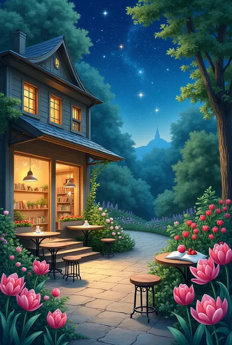 Create an image that includes tulips,  lotus flowers , café, books, Strawberries and a Starry Night , that it has no people and that it can be drawn