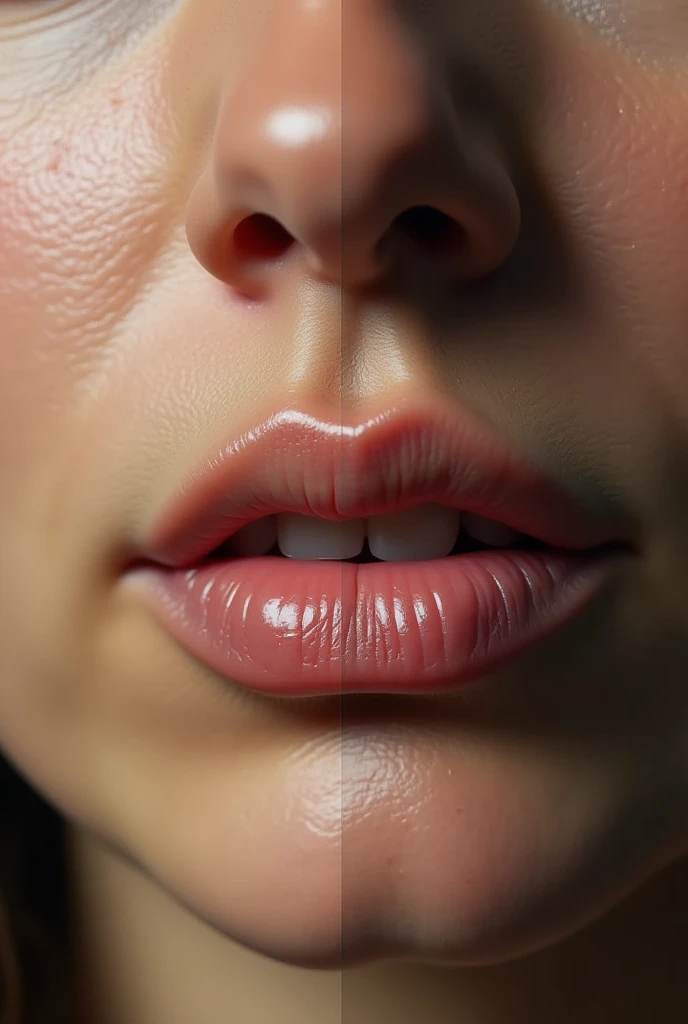 A hyperrealistic close-up of a human mouth, split down the middle. The left side appears youthful, with smooth skin, well-defined lips, and a natural, hydrated appearance. The right side appears aged, with deep vertical wrinkles above the upper lip (barcod...