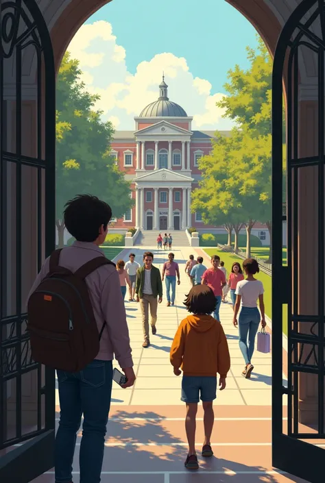 Title:  Discovering Identity Universitaria

Vignette 1 : ( Scene at the entrance of a university ,  a new student observes the campus with a peek bro )  Narrator : "Every year,  thousands of students start their way at university , but...  what does it mea...