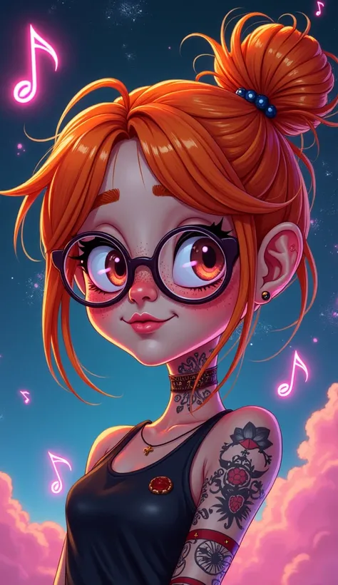 cartoon girl with orange hair and freckles, vibrant, glasses, tattoos, messy bun, neck tattoo, floating in space, surrounded by floating glowing neon music notes,