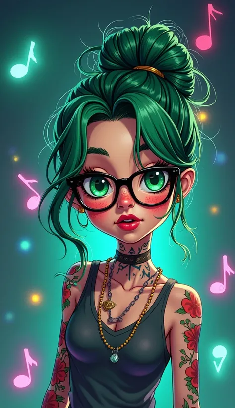 cartoon girl with green hair and freckles, vibrant, glasses, tattoos, messy bun, neck tattoo, floating in space, surrounded by floating glowing neon music notes,