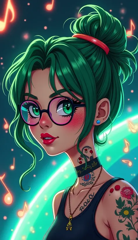 cartoon girl with green hair and freckles, vibrant, glasses, tattoos, messy bun, neck tattoo, floating in space, surrounded by floating glowing neon music notes,