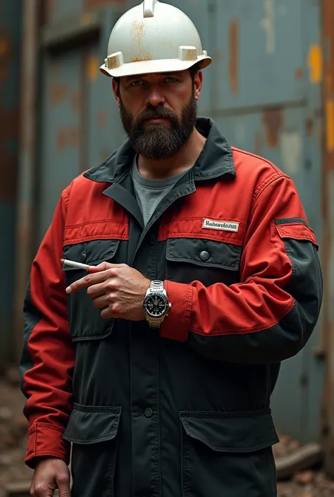 I want a 27 years old male with beard wear ( red and black cover all and white safety helmet and smoking Marlboro cigar with Rolex fancy watch on his hand )  