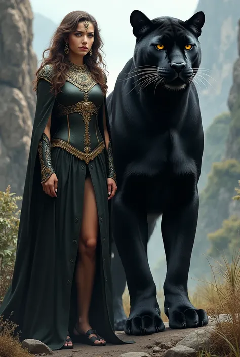 Create the image of a powerful woman next to her power animal being a black panther standing bigger than her.