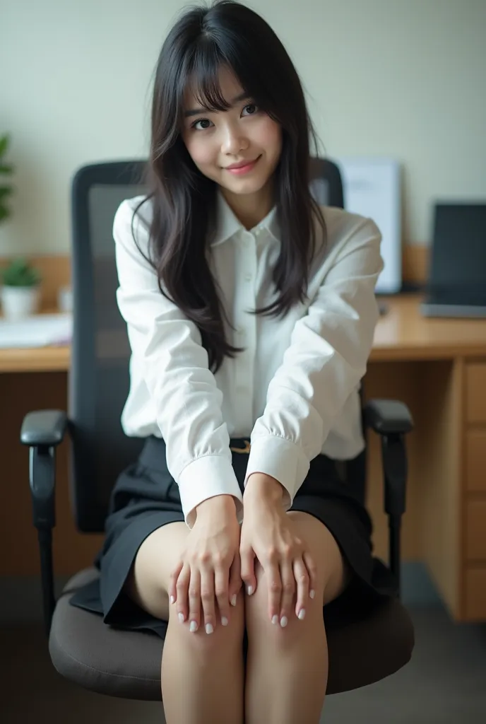 Real high quality pictures of a Japanese woman in porn ,  beautiful girl, best quality,   20 Year Old Japanese Girl ,   is wearing a white shirt,  big eyes,And wear a suit miniskirt、Legs crossed、 knee facing directly is facing us,The hem of the miniskirt i...