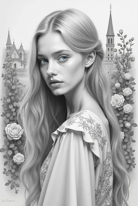  A Girl, Art Line, OUTLINE, pencil drawing,    oil painting  ,   traditional media  ((  adolescent figure  ),   blonde hair ,  blue sky eyes,   watching the spectator as she poses to be portrayed in the center next to a courtyard of roses  ,  innocent face...