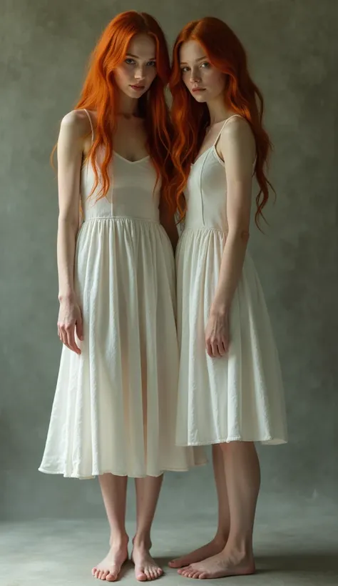 two barefoot European obedient girls, Mother and daughter, European,   fair skin , redheads, anorexic  ,  short white dress ,