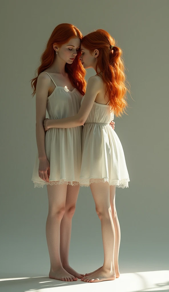 two barefoot European obedient girls, Mother and daughter, European,   fair skin , redheads, anorexic  ,  short white dress ,