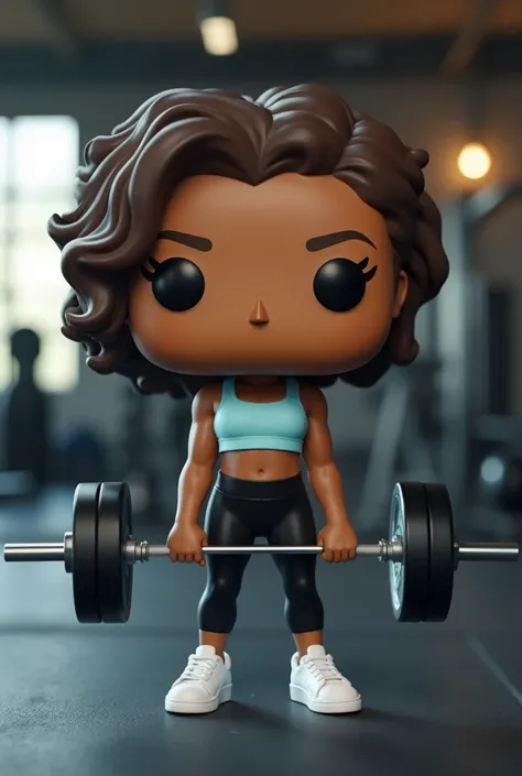 " Create a Funko Pop in 4K with the following features:  a light-brown skinned woman,  brown hair ,  curly and short , Softly made-up .  she has a shaped body ,  thin waist and accentuated hips .  She's wearing a light blue top , black leggings and sneaker...