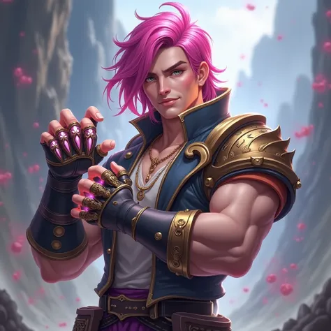 Pink haired man with knuckles at both his hand
 
toram online 
