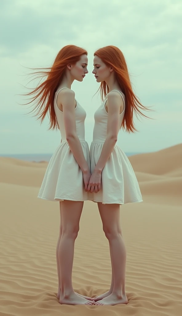 two barefoot  european obedient girls, Mother and daughter,  european,   fair skin , redheads, anorexic  ,  short white dress , in the desert