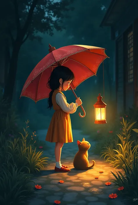 a girl holding an umbrella and a lit lantern providing a shelter at cat in the dark ghibli style, use black red yellow orange and white 