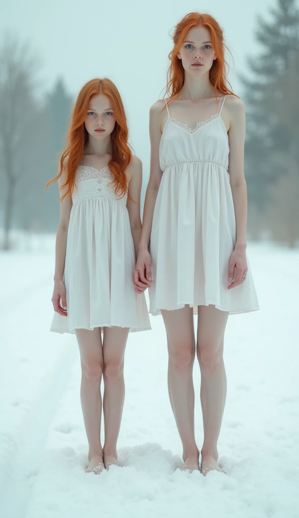 two barefoot  european obedient girls, Mother and daughter,  european,   fair skin , redheads, anorexic  ,  short white dress , in the snow