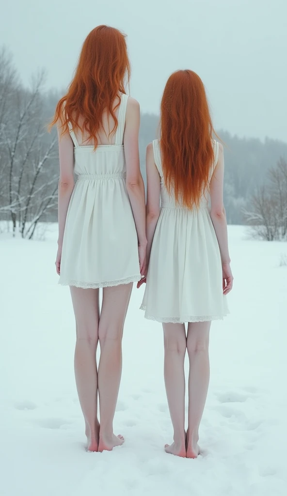 two barefoot  european obedient girls, Mother and daughter,  european,   fair skin , redheads, anorexic  ,  short white dress , in the snow