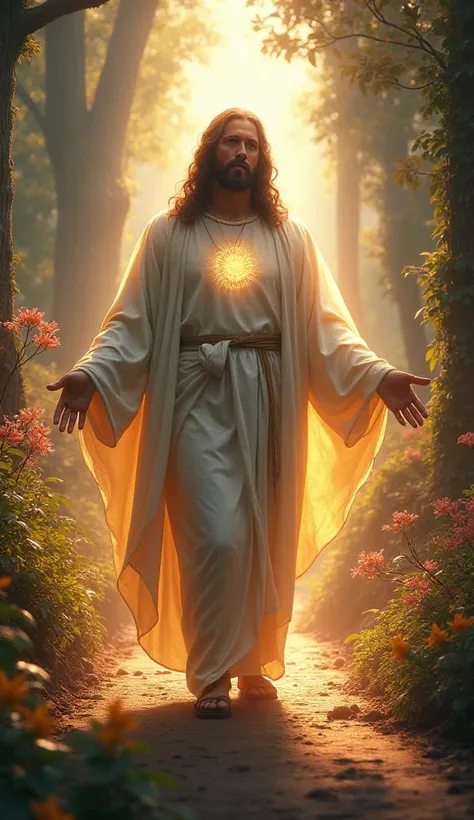 Enlightened Jesus looking ahead on an enchanted road. Standard cinematic format. 