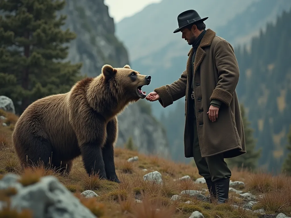 photo realistic, high resolution 8K; an adult bear, wild, and dangerous, ends up trusting a man, because this bear is injured in a paw and needs help; the image shows a wary bear (it opens its mouth to howl) and limping who approaches the man (however dres...