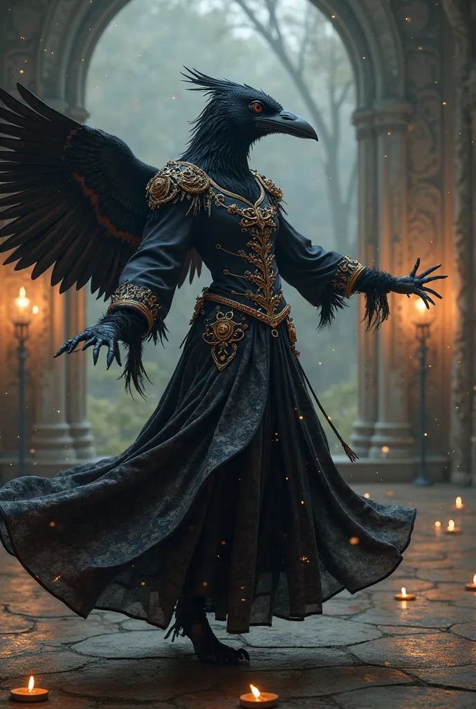 A dancing raven like human bard. Dressed in fine female clothes in medieval style