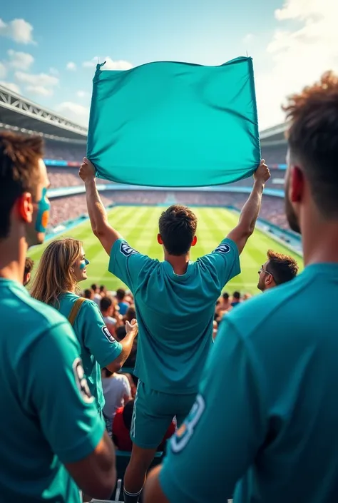 A picture of football fans wearing turquoise clothes across from behind the fans 